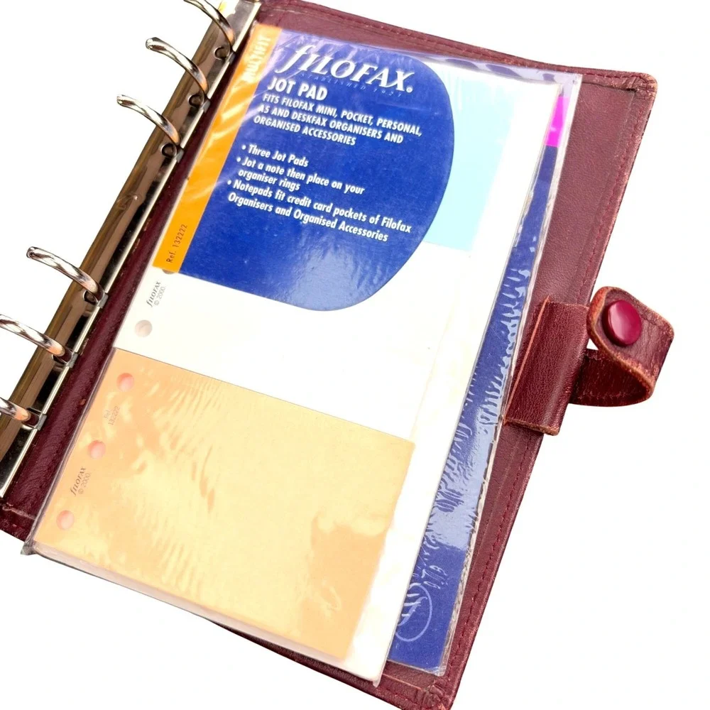 VTG Filofax Personal Organizer Planner Burgundy Leather 6 Ring Incerts Academia